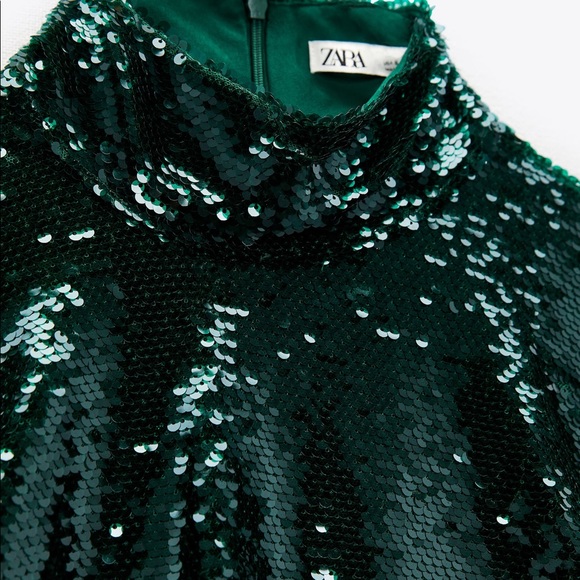 ZARA Sequin High Neck Top Green - Picture 6 of 8